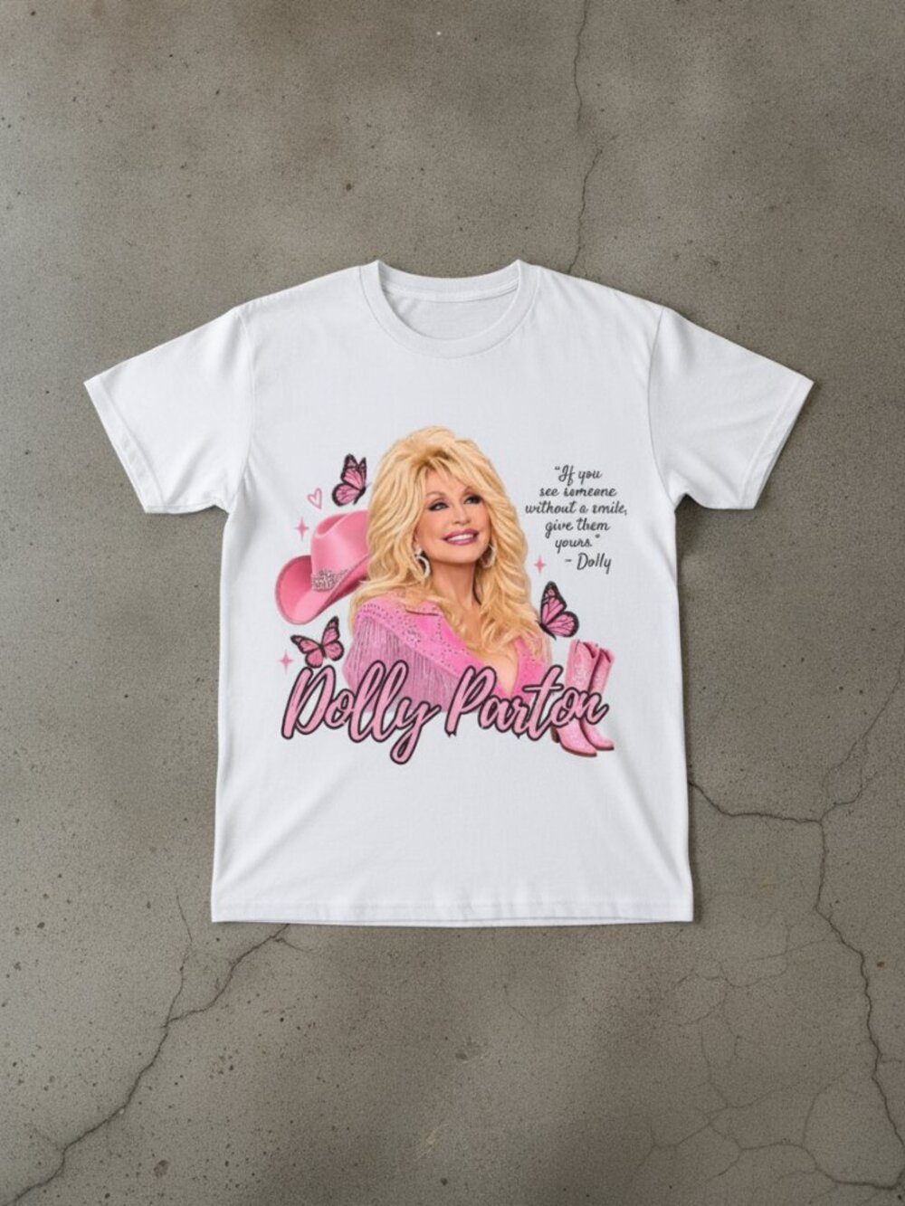 Dolly Parton Pink Graphic T-Shirt White Country Music Butterfly Tee